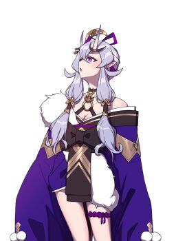 Rule 34 | 1girl, absurdres, bare shoulders, breasts, cleavage, commentary request, fang, hair between horns, hair ornament, highres, horns, jiho (un3337), legband, looking to the side, medium breasts, mole, mole under mouth, nijisanji, oni, open mouth, purple eyes, rindou mikoto, rindou mikoto (1st costume), simple background, skin-covered horns, skin fang, solo, virtual youtuber