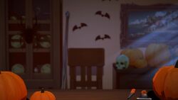 1girl 3d ^_^ animated anna_anon bare_shoulders black_choker black_dress breasts bug choker closed_eyes constricted_pupils crying_emoji drawing_(object) dress elbow_gloves emoji food gloves grin halloween highres holding holding_food holding_pumpkin holding_vegetable indoors jack-o&#039;-lantern jitome koikatsu_(medium) looking_at_viewer mask mask_on_head milestone_celebration open_mouth orange_dress orange_eyes original pumpkin small_breasts smile solo spider table tagme twintails two-tone_dress vegetable video white_hair wide-eyed
