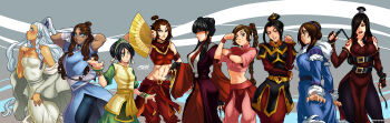 6+girls armor avatar:_the_last_airbender avatar_legends azula black_hair blind blue_eyes breasts brown_eyes brown_hair dark-skinned_female dark_skin hama_(avatar) highres japanese_clothes june_(avatar) katara large_breasts long_hair mai_(avatar) multiple_girls parka short_hair suki_(avatar) tattoo toph_beifong ty_lee weapon whip white_hair yellow_eyes yue_(avatar)