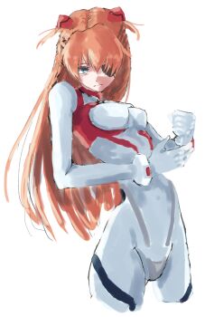 1girl artist_request blue_eyes bodysuit breasts brown_hair curvy evangelion:_3.0+1.0_thrice_upon_a_time expressionless eyepatch highres long_hair looking_at_viewer mecha_pilot_suit neon_genesis_evangelion plugsuit_(evangelion) rebuild_of_evangelion shiny_clothes simple_background solo souryuu_asuka_langley standing white_bodysuit wide_hips