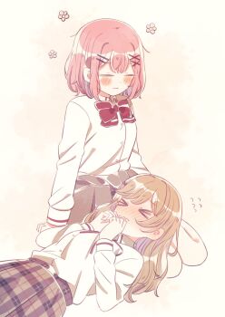&gt;_&lt; 2girls amaori_renako blush bow bowtie brown_hair closed_eyes closed_mouth collared_shirt commentary flying_sweatdrops grey_skirt hashtag-only_commentary highres lap_pillow long_hair medium_hair multiple_girls pink_hair plaid_clothes plaid_skirt red_bow red_bowtie sena_ajisai shirt skirt watashi_ga_koibito_ni_nareru_wake_naijan_murimuri! white_shirt yairon0315 yellow_background yuri
