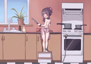 1girl absurdres apron ass back bags_under_eyes bare_legs barefoot bow chain chained cuffs eyebrows fallenshadow female_focus flat_chest from_behind full_body hair_bow hair_ornament highres huge_filesize indie_virtual_youtuber indoors kiirokuma kitchen kitchen_knife knife legs loli looking_at_viewer looking_back medium_hair naked_apron open_mouth oven pink_apron pink_bow plant potted_plant purple_eyes purple_hair shackles sidelocks sink slave smile soap soap_bottle soap_bubbles solo standing stove teeth thigh_gap tomato upper_teeth_only virtual_youtuber wrist_cuffs