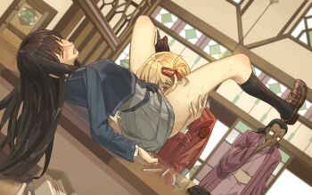 1boy 2girls anjuro_zeeku black_hair black_socks blonde_hair blue_dress buttons closed_eyes clothed_sex commentary cunnilingus dark-skinned_male dark_skin double-breasted dress english_commentary facepalm glasses grey_skirt hair_ribbon highres inoue_takina long_hair looking_at_viewer lycoris_recoil lycoris_uniform mika_(lycoris_recoil) multiple_girls nishikigi_chisato one_side_up opaque_glasses open_mouth oral pleated_skirt red_dress red_eyes red_ribbon ribbon robe skirt socks sweat yuri