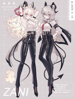 1girl ao_(ao0_0nemu) arm_strap armband arms_up black_armband black_choker black_gloves black_horns black_jacket black_pants black_shoes black_tail blonde_hair breasts bright_pupils button_gap chest_harness choker commentary curled_horns dated demon_tail earrings fire flame-tipped_tail full_body gloves grey_hair hair_between_eyes hand_on_own_hip harness hashtag-only_commentary highres horns jacket jacket_on_shoulders jewelry key_earrings large_breasts long_hair looking_at_viewer mole mole_on_breast multiple_views pangu_terminal_(wuthering_waves) pants red_eyes shirt shirt_tucked_in shoes tail tight_clothes tight_pants torn_clothes torn_shirt white_pupils white_shirt wuthering_waves zani_(wuthering_waves)