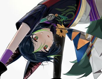 1boy animal_ears asymmetrical_sleeves bad_id bad_twitter_id black_hair bright_pupils flower fox_boy fox_ears fox_tail from_below genshin_impact green_hair male_focus medal multicolored_hair red_eyes short_sleeves simple_background solo sweat tail tassel tighnari_(genshin_impact) white_background white_pupils yellow_flower yoko_(nz_g)