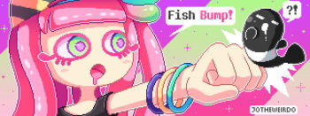 !? 1girl :o artist_name blunt_bangs blush blush_stickers bracelet clownfish colored_eyelashes colorized commentary drooling english_commentary english_text eyelashes fish harmony's_clownfish_(splatoon) harmony_(pokemon) harmony_(splatoon) jewelry jotheweirdo mouth_drool multiple_bracelets nintendo open_mouth outline pink_hair pixel_art punching speech_bubble splatoon_(series) spoken_interrobang white_outline