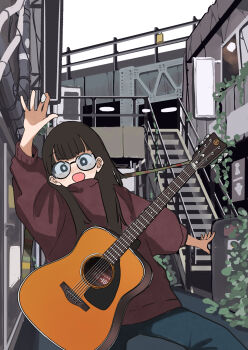 1girl black_eyes black_hair blue_pants bright_pupils glasses guitar guitar_strap highres industrial_pipe instrument itochin_d leaning_to_the_side long_hair looking_at_viewer open_mouth original outdoors pants plant purple_sweater solo stairs sticker sweater train twitter_logo vines waving white_pupils