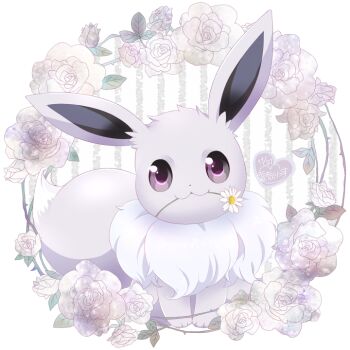alternate_color commentary_request dated eevee flower gen_1_pokemon leaf looking_at_viewer mouth_hold nintendo no_humans pokemon pokemon_(creature) pokemon_focus purple_eyes rose shiny_pokemon sitting smile solo squirrel_417 white_flower white_rose