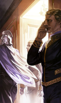 3boys absurdres artist_request blonde_hair cape carozzo_ronah combat_helmet cosmo_babylonia crossbone_vanguard gloves gundam gundam_f91 gundam_perfect_file hallway helmet highres magazine_scan mask military_uniform multiple_boys official_art painting_(medium) promotional_art salute scan scene_reference science_fiction soldier traditional_media walking white_gloves