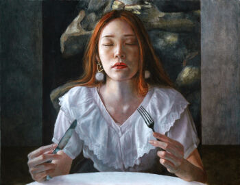 1girl asian closed_eyes closed_mouth commentary commentary_request earrings english_commentary fork heart heart_earrings holding holding_fork holding_knife jewelry kaworu_(pixiv2055) knife long_hair mixed-language_commentary oil_painting_(medium) original painting_(medium) painting_(object) photorealistic pom_pom_(clothes) pom_pom_earrings realistic red_hair red_lips shirt short_sleeves solo straight_hair table traditional_media upper_body v-neck white_shirt