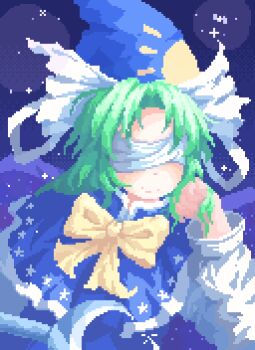02charaice20 1girl blindfold blue_capelet blue_dress blue_hat bow bowtie capelet closed_mouth commentary commission crescent dress facing_viewer green_hair hat highres holding holding_staff long_hair long_sleeves looking_at_viewer mima_(touhou) pixel_art pixiv_commission smile solo staff touhou touhou_(pc-98) yellow_bow yellow_bowtie
