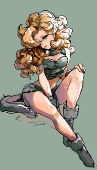 1girl arm_between_legs artist_name ayla_(chrono_trigger) bare_legs blonde_hair blue_eyes boots breasts chrono_trigger cleavage closed_mouth commentary_request crop_top curly_hair full_body fur_(clothing) fur_collar fur_wrist_cuffs grey_background grey_boots hand_on_own_knee head_tilt highres knee_up legs lips long_hair medium_breasts midriff pink_lips signature sitting solo tail uzutanco wrist_cuffs wristband