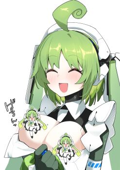 1girl :d ahoge astral_party black_gloves blush breasts censored censored_nipples character_censor cleavage closed_eyes commentary_request gloves green_hair highres jasmine_(astral_party) large_breasts long_hair maid novelty_censor open_mouth simple_background smile teruisi twintails upper_body white_background