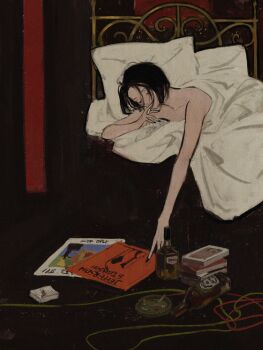1girl absurdres alcohol artist_request ashtray bed bed_frame bed_sheet bedroom black_hair black_nail_polish black_nails cable cigarette cigarette_butt cigarette_pack closed_eyes collarbone eyelashes female_focus fingernails highres liquid medium_hair nail_polish nana_(series) osaki_nana outstretched_arm painting_(medium) pillow smoking solo topless_female traditional_media vinyl vinyl_record whiskey