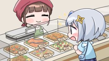 2girls :d amane_kanata apron bag blue_hair blue_shirt blue_skirt blue_wings blush_stickers brown_hair chibi closed_eyes closed_mouth collared_shirt commentary_request food food_request green_apron grey_hair handbag headscarf highres hololive mini_wings mochimiko multicolored_hair multiple_girls open_mouth purple_eyes shirt short_hair short_sleeves shoulder_bag single_hair_intake skirt smile two-tone_hair virtual_youtuber white_shirt white_wings wings