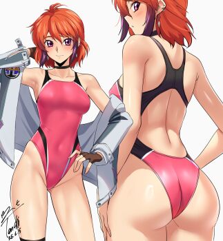 1girl armpits ass back_cutout bare_shoulders blush breasts brown_gloves clothing_cutout commission competition_swimsuit contrapposto covered_navel fingerless_gloves gloves gradient_hair grey_jacket highleg highleg_one-piece_swimsuit highres ibis_douglas jacket looking_at_viewer medium_breasts multicolored_hair multicolored_swimsuit multiple_views off_shoulder one-piece_swimsuit open_clothes open_jacket orange_hair pink_eyes pink_hair pink_one-piece_swimsuit pixiv_commission revision short_hair signature simple_background super_robot_wars super_robot_wars_original_generation swimsuit thighs white_background yoo_tenchi