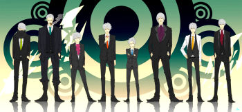 6+boys adjusting_clothes adjusting_necktie atlus az_(wakana) bleach blue_eyes capcom cigar color_connection crossed_arms crossover dante_(devil_may_cry) devil_may_cry_(series) formal_clothes gintama green_eyes grey_eyes grey_hair hand_in_pocket hand_on_own_hip hands_in_pockets hatake_kakashi height_difference highres hip_focus hitsugaya_toushirou hunter_x_hunter killua_zoldyck lineup long_image look-alike looking_at_viewer male_focus multiple_boys multiple_crossover narukami_yu naruto_(classic) naruto_(series) necktie niou_masaharu one_piece persona persona_4 sakata_gintoki short_hair smoker_(one_piece) smoking suit tennis_no_ouji-sama tongue tongue_out white_hair wide_image