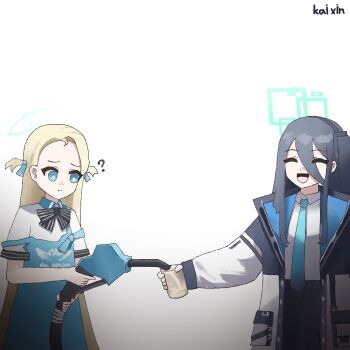 2girls ? ^_^ absurdres apron aqua_necktie aris_(blue_archive) black_bow black_bowtie black_hair black_skirt blonde_hair blue_apron blue_archive blue_eyes bow bowtie closed_eyes collared_shirt commentary cup drinking_glass forehead gas_station gasoline hair_between_eyes hairband halo highres holding holding_cup jacket kai_xin long_hair long_sleeves looking_at_another multiple_girls necktie one_side_up open_clothes open_jacket part_time_job parted_bangs pleated_skirt school_uniform shirt short_sleeves sidelocks simple_background skirt sora_(blue_archive) two_side_up white_background white_shirt