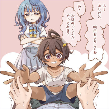 1boy 2girls absurdres ahoge arms_at_sides black_hair blue_bow blue_bowtie blue_eyes blue_hair blue_shorts blush bow bowtie collarbone collared_shirt commentary_request crossed_arms food-themed_hair_ornament fukaku-tei girl_on_top grey_skirt grin hair_ornament half-closed_eyes hetero highres lemon_hair_ornament make_heroine_ga_oo_sugiru! medium_hair multiple_girls nukumizu_kazuhiko panties panty_peek parted_lips pov pov_hands purple_eyes reaching reaching_towards_viewer school_uniform shirt short_hair shorts sitting sitting_on_person skirt smile speech_bubble squatting standing summer_uniform t-shirt tan tanline translation_request tsuwabuki_high_school_uniform underwear v-shaped_eyebrows white_panties white_shirt wide-eyed yakishio_lemon yanami_anna yellow_bow yellow_bowtie