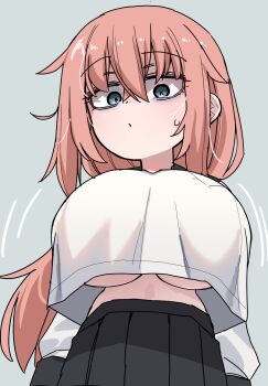 Rule 34 | 1girl, akitokage, black skirt, blue eyes, breasts, highres, huge breasts, large breasts, long hair, looking at viewer, michinoku komaro, no bra, oppai loli, pink hair, pleated skirt, school uniform, seitokai ni mo ana wa aru!, serafuku, shirt, simple background, skirt, underboob, white serafuku, white shirt