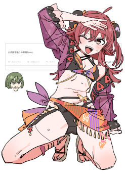 2girls :d absurdres ahoge arm_up bikini black_bikini black_trim blush bow breasts bright_pupils chibi chibi_inset cleavage closed_mouth cropped_jacket crossed_bangs dot_nose feet floral_print front-tie_bikini_top front-tie_top full_body green_eyes green_hair hair_between_eyes hair_flaps hair_ornament hand_on_own_chin haruyuki_(gffewuoutgblubh) highres idolmaster idolmaster_shiny_colors jacket kneeling komiya_kaho light_frown long_hair long_sleeves looking_at_another looking_at_viewer medium_hair multicolored_bikini multicolored_sash multiple_girls nanakusa_nichika navel one_eye_closed open_clothes open_jacket open_mouth orange_sash pink_pupils puffy_long_sleeves puffy_sleeves purple_jacket red_eyes red_hair sandals sash see-through_clothes sidelocks simple_background sketch small_breasts smile spread_legs stomach sweatdrop swimsuit teeth thighs translated upper_teeth_only v-shaped_eyebrows waist_bow waist_sash white_background