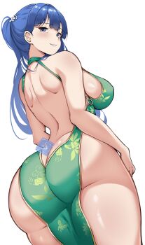 1girl alternate_costume arcana_(nikke) ass back backless_dress backless_outfit between_buttocks blue_eyes blue_hair breasts butt_crack card commentary dress from_behind goddess_of_victory:_nikke green_dress head_rest highres large_breasts long_hair no_panties sideboob simple_background solo tarot tarot_card thighs white_background zeropen