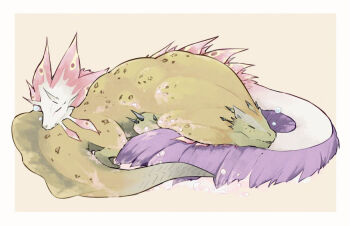 Rule 34 | border, brown background, closed eyes, commentary request, fins, head fins, mizutsune, monster, monster focus, monster hunter (series), no humans, nose bubble, outside border, purple fur, royal ludroth, simple background, sleeping, sleeping together, soap bubbles, spikes, taneimo drop, white border