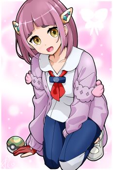 1girl :d absurdres arched_back ascot blue_pants blueberry_academy_school_uniform breasts coat full_body gloves hair_ornament highres kneeling lacey_(pokemon) looking_at_viewer medium_hair nest_ball nintendo open_mouth pants pink_background pink_coat pink_hair poke_ball pokemon pokemon_sv red_ascot red_gloves remone school_uniform shirt shoes smile solo thick_eyebrows white_shirt white_shoes yellow_eyes