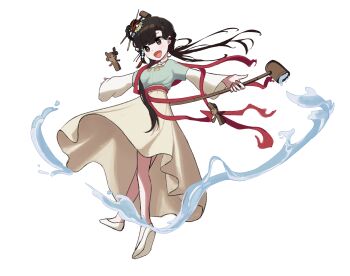 1girl :d absurdres black_eyes black_hair chinese_clothes dipper flats floating_hair foot_up full_body green_shirt hair_bun hair_ornament hairpin hanfu high-waist_skirt highres holding holding_spoon jiu_niangzi layered_sleeves liquid long_hair long_skirt long_sleeves open_mouth outstretched_arms red_shawl reverse:1999 shawl shirt short_over_long_sleeves short_sleeves skirt smile solo spoon spread_arms standing standing_on_one_leg statuette thiepriest white_background white_footwear white_sleeves yellow_skirt