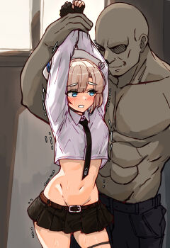 1boy 1girl arms_up bakasp-lilzy bald belt belt_buckle black_gloves black_necktie black_pants black_skirt blonde_hair blue_eyes blush buckle closed_mouth collared_shirt commentary cowboy_shot crop_top cropped_shirt english_commentary fingerless_gloves gloves grimace groin hat hetero highres holding_another&#039;s_wrists indoors long_sleeves microskirt motion_lines muscular muscular_male navel necktie original pants pleated_skirt raised_eyebrows red_belt restrained school_uniform shirt short_hair skirt smile standing stomach sweat thigh_strap topless_male trembling white_hat white_shirt wing_collar