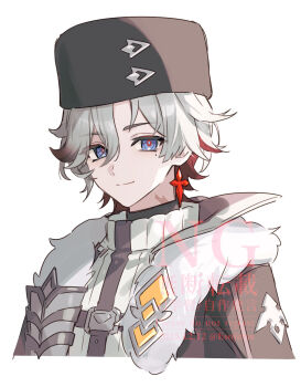 1boy amaichi_esora black_hat blue_eyes closed_mouth commentary_request cropped_torso genshin_impact grey_hair hair_between_eyes hat highres illuga_(genshin_impact) looking_at_viewer male_focus mole mole_under_eye multicolored_hair red_hair scar scar_on_neck simple_background solo upper_body watermark white_background