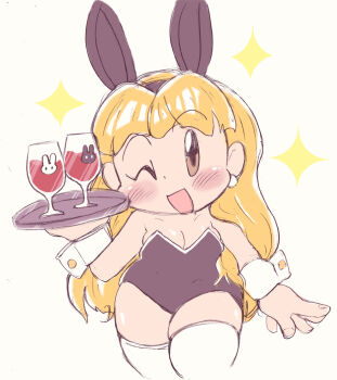 1girl alcohol animal_ears black_leotard blonde_hair blush breasts brown_eyes cleavage collarbone cup drink drinking_glass earrings fake_animal_ears hatakeyama_eguri holding holding_tray jewelry kinpiro leotard loli long_hair looking_at_viewer mr._driller namco one_eye_closed open_mouth pearl_earrings playboy_bunny plump rabbit_ears small_breasts smile sparkle standing thick_thighs thighhighs thighs tray waitress white_background white_thighhighs wine wine_glass wink wrist_cuffs
