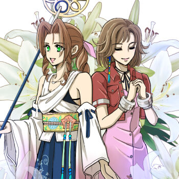 2girls aerith_gainsborough aerith_gainsborough_(cosplay) blue_hakama bow bracelet brown_hair closed_eyes cosplay costume_switch cropped_jacket crossover detached_sleeves final_fantasy final_fantasy_vii final_fantasy_x flower green_eyes hair_bow hakama hakama_skirt high_ponytail in-franchise_crossover japanese_clothes jewelry kimono lily_(flower) long_hair multiple_girls own_hands_clasped own_hands_together parted_bangs pink_bow pipi-mama ponytail short_hair skirt smile staff upper_body white_background yuna yuna_(ff10) yuna_(ff10)_(cosplay)