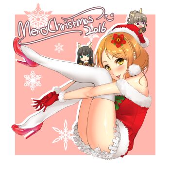 1girl 2016 :d antlers blonde_hair blush brown_hair female_focus from_side fur-trimmed_gloves fur-trimmed_headwear fur_trim gloves green_eyes hat high_heels hojo_karen horns hugging_own_legs idolmaster idolmaster_cinderella_girls kamiya_nao long_hair maou_(demonlord) merry_christmas miniskirt open_mouth pink_background pleated_skirt pump pumps red_footwear red_gloves red_hat reindeer_antlers santa_costume santa_hat shibuya_rin short_hair skirt smile snowflakes solo thighhighs triad_primus white_background white_skirt white_thighhighs
