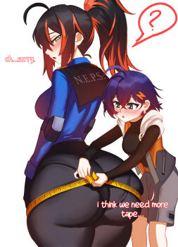 2girls ahoge ass belle_(zenless_zone_zero) black_hair blue_hair blush breasts curvy embarrassed from_behind gloves green_eyes huge_ass large_breasts long_hair looking_back looking_down multicolored_hair multiple_girls onepen open_mouth pants police police_uniform policewoman ponytail red_hair short_hair shorts sideboob tape_measure thick_thighs thighs tight_clothes tight_pants two-tone_hair wide_hips yellow_eyes zenless_zone_zero zhu_yuan