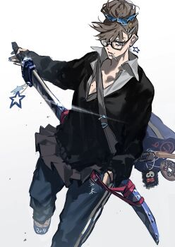 1girl absurdres bag_charm breasts brown_hair candy charm_(object) drawing_sword earrings food glasses gyaru hair_bun hand_in_pocket highres holding holding_sword holding_weapon jewelry lollipop ma0ma0_0 mole mole_on_breast nogi_momoka original pants pants_under_skirt school_uniform scrunchie shoes simple_background solo star_(symbol) star_earrings sword track_pants uwabaki weapon