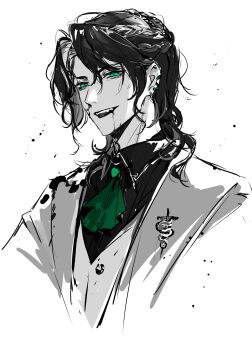 1boy :d absurdres ascot black_hair black_shirt blood blood_from_mouth buttons call_of_cthulhu chinese_commentary collared_shirt cropped_torso ear_piercing earrings fangs green_ascot green_eyes hair_between_eyes highres jacket jewelry long_hair looking_at_viewer male_focus medium_hair monochrome nidexintu nosebleed open_mouth piercing shirt simple_background smile solo spot_color teeth upper_body vest white_background white_vest