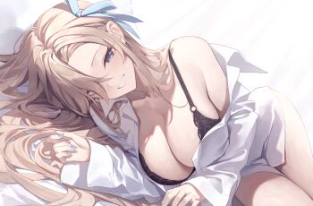 1girl :d absurdres asuna_(blue_archive) black_bra blonde_hair blue_archive blue_eyes blue_nails blue_ribbon blush bottomless bra breasts cleavage commentary dutch_angle friend0426 grin hair_ribbon highres large_breasts long_hair long_sleeves looking_at_viewer lying nail_polish off_shoulder on_side open_clothes open_mouth open_shirt parted_lips ribbon shirt simple_background single_bare_shoulder smile solo underwear very_long_hair white_background white_shirt