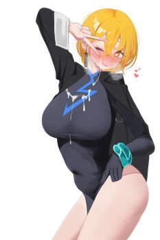 1girl absurdres arm_up black_bodysuit black_gloves black_hair black_shirt blush bodysuit breasts closed_mouth commentary_request covered_navel crossed_bangs cum cum_on_body cum_on_breasts cum_on_clothes cum_on_upper_body don_quixote_(project_moon) ear_ornament earrings facial gloves hair_between_eyes heart heart-shaped_pupils highleg highres huge_breasts jewelry korean_commentary limbus_company long_sleeves one_eye_closed plump project_moon rockettuna shirt shirt_on_shoulders short_hair simple_background single_glove solo symbol-shaped_pupils v v_over_eye variant_set vest wavy_mouth white_background yellow_eyes