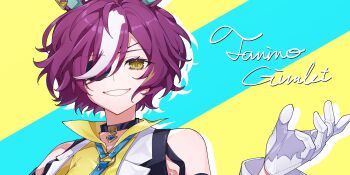 Rule 34 | 1girl, animal ears, bare shoulders, character name, commentary request, gloves, grin, highres, horse ears, horse girl, looking at viewer, multicolored hair, odd (miyoru), popped collar, purple hair, smile, solo, streaked hair, tanino gimlet (embodiment of keravnos) (umamusume), tanino gimlet (umamusume), two-tone background, umamusume, white gloves, yellow eyes