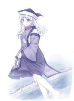 Rule 34 | 1girl, absurdres, blush, breasts, closed mouth, constellation print, detached sleeves, hat, highres, holding own skirt, long hair, long sleeves, looking at viewer, matara okina, medium breasts, mochigumo, monochrome, smile, solo, sun print, tabard, touhou, wading, water, wide sleeves