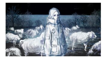 1boy absurdres aotsuki_eito bare_tree border breast_pocket drawstring expressionless grey_hair highres horizon jacket jiangxing427 looking_at_viewer male_focus no_eyewear outdoors pocket purple_eyes sheep short_hair solo the_hundred_line_-last_defense_academy- tree variant_set white_border white_jacket