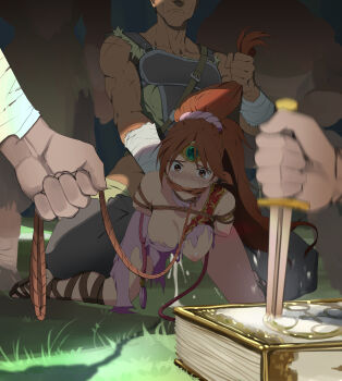 1girl 4boys absurdres bdsm bent_over blush bondage book bound breasts brown_eyes captured cleave_gag cloth_gag clothed_sex collar crying cum cum_in_pussy defeat doggystyle eudetenis fire_emblem fire_emblem:_mystery_of_the_emblem forced gag gagged grabbing_another's_hair hair_ornament hair_pulled_back hairband highres holding_another's_hair improvised_gag kneeling knife large_breasts linde_(fire_emblem) long_hair multiple_boys muscular muscular_male nintendo nipples no_nose ponytail rape restrained sandals sex sex_from_behind shaved_head sleeveless tears the_goblin torn_clothes vaginal