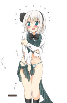 Rule 34 | 1girl, @ @, black bow, black bowtie, black hairband, black socks, blue panties, blush, bow, bowtie, breakout, collared shirt, commentary request, covering privates, green eyes, green skirt, green vest, grey hair, hairband, highres, kneehighs, konpaku youmu, long sleeves, open mouth, panties, shirt, shishiky, skirt, skirt set, socks, solo, sweat, tearing up, torn clothes, torn skirt, torn vest, touhou, trembling, underwear, vest, white shirt