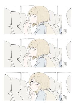 1girl ;t blonde_hair bored character_request classroom from_side half-closed_eyes hand_on_own_chin heart highres looking_at_viewer one_eye_closed pink_eyes school_uniform short_hair sitting smile v wink