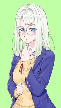 1girl :o blazer blue_eyes blue_jacket commentary_request dosanko_gal_wa_namaramenkoi glasses green_background grey_hair hair_intakes hand_up highres hina_(dosanko_gyaru_wa_namaramenkoi) ikada_kai jacket kitami_hokuryo_high_school_uniform long_hair long_sleeves looking_at_viewer medium_hair neck_ribbon red_ribbon ribbon round_eyewear school_uniform simple_background solo sweater upper_body winter_uniform yellow_sweater