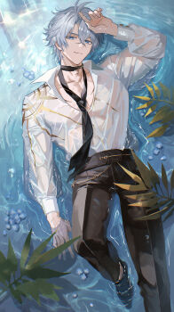 Rule 34 | 1boy, absurdres, afloat, antenna hair, black necktie, black pants, black shoes, blue eyes, collared shirt, commentary request, highres, honkai: star rail, honkai (series), long sleeves, male focus, nanjo maya, necktie, pants, parted bangs, partially submerged, partially unbuttoned, pectoral cleavage, pectorals, phainon (anan) (honkai: star rail), phainon (honkai: star rail), see-through clothes, see-through shirt, shirt, shoes, short hair, solo, wet, wet clothes, wet hair, wet shirt, white hair, white shirt