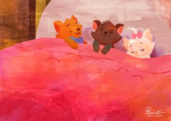 Rule 34 | animal, berlioz (disney), black cat, blue bow, blue bowtie, bow, bowtie, cat, closed eyes, highres, marie (the aristocats), multiple boys, nana coco77, orange cat, sleeping, smile, the aristocats, toulouse (disney), twitter username, white cat
