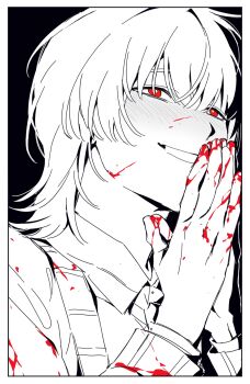 1boy blood blood_on_hands blush cardigan collared_shirt dress_shirt grin hashtag-only_commentary highres kimsaeuu own_hands_together palms_together portrait red_eyes saihate_eki shirt short_hair smile solo spot_color tatsunami_shion