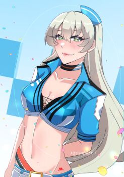 Rule 34 | 1girl, alternate costume, ao no kiseki, artist name, azumishard, blush, breasts, cleavage, eiyuu densetsu, elie macdowell, green eyes, hair between eyes, half updo, highres, light smile, long hair, looking at viewer, simple background, stomach, white hair, zero no kiseki